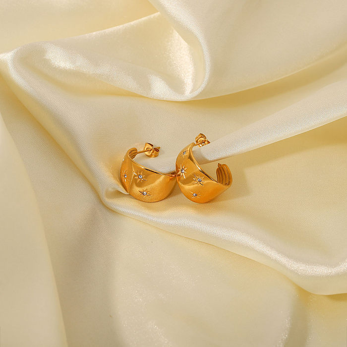 New Style Stainless Steel  18K Gold Plated Large Curved Inlaid Zirconium C-Shaped Earrings