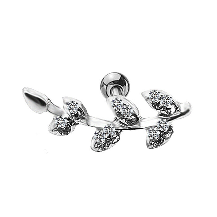 1 Piece Elegant Hawaiian Tropical Leaves Plating Inlay Stainless Steel  Alloy Rhinestones White Gold Plated Cartilage Earrings