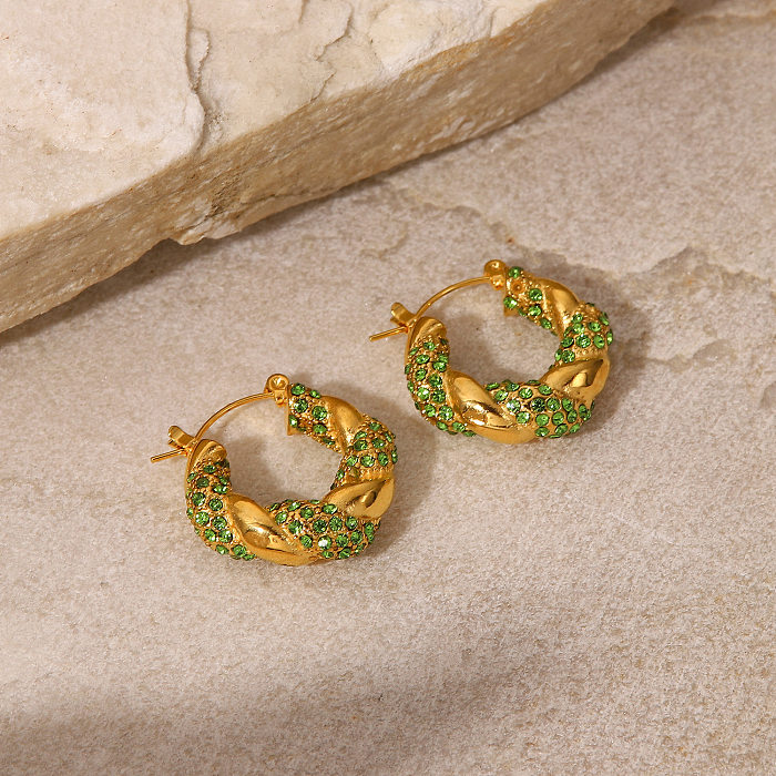 Fashion New Green Zircon Inlaid 18K Gold Twist Stainless Steel  Earrings
