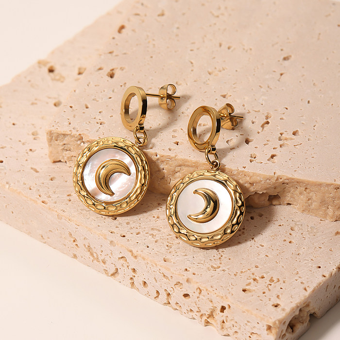 1 paire de boucles d'oreilles pendantes, Style moderne et élégant, Style Simple, incrustation de lune, coque en acier inoxydable, plaqué or 18 carats