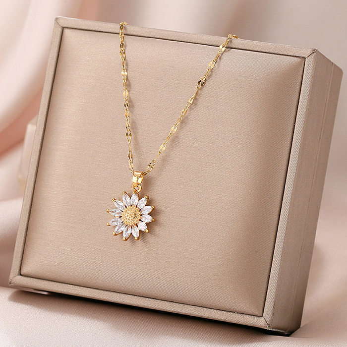 Lady Flower Stainless Steel Plating Inlay Artificial Gemstones Pendant Necklace