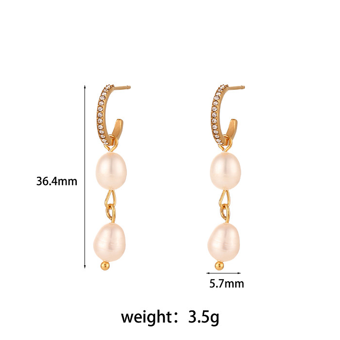 Boucles d'oreilles élégantes en forme de C, 1 paire, en acier inoxydable, avec incrustation de perles d'eau douce, diamant artificiel, plaqué or 18 carats