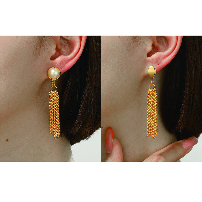 1 paire de boucles d'oreilles à pampilles de Style Simple, incrustation de placage en acier inoxydable, perles plaquées or