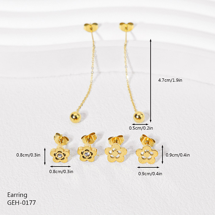 3 Paar schlichte, vierblättrige Kleeblatt-Blumenplattierung, hohle Intarsien, Edelstahl-Strasssteine, vergoldete Ohrringe