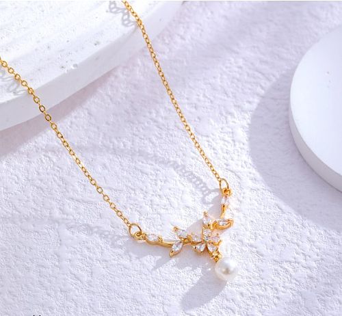 Romantic Simple Style Bow Knot Antlers Stainless Steel  Plating Inlay Artificial Pearls Rhinestones Gold Plated Necklace