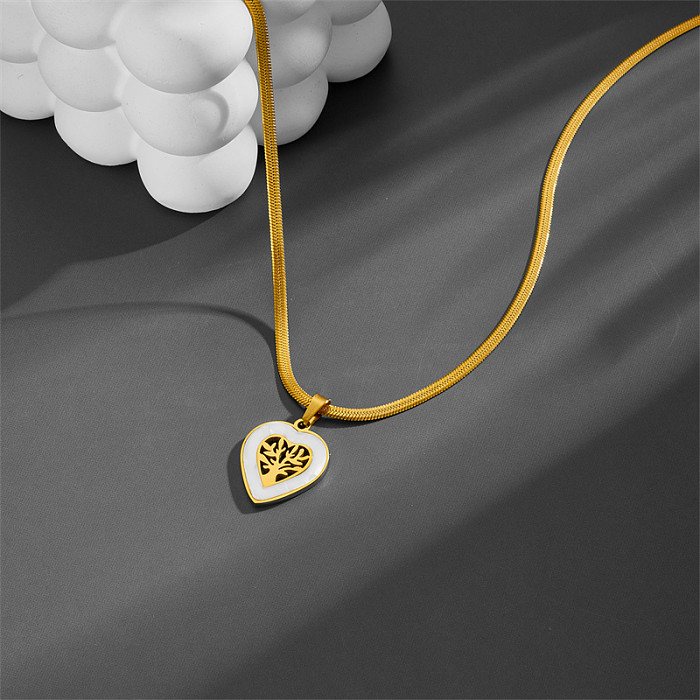 Elegant Tree Heart Shape Stainless Steel Hollow Out Zircon Gold Plated Pendant Necklace