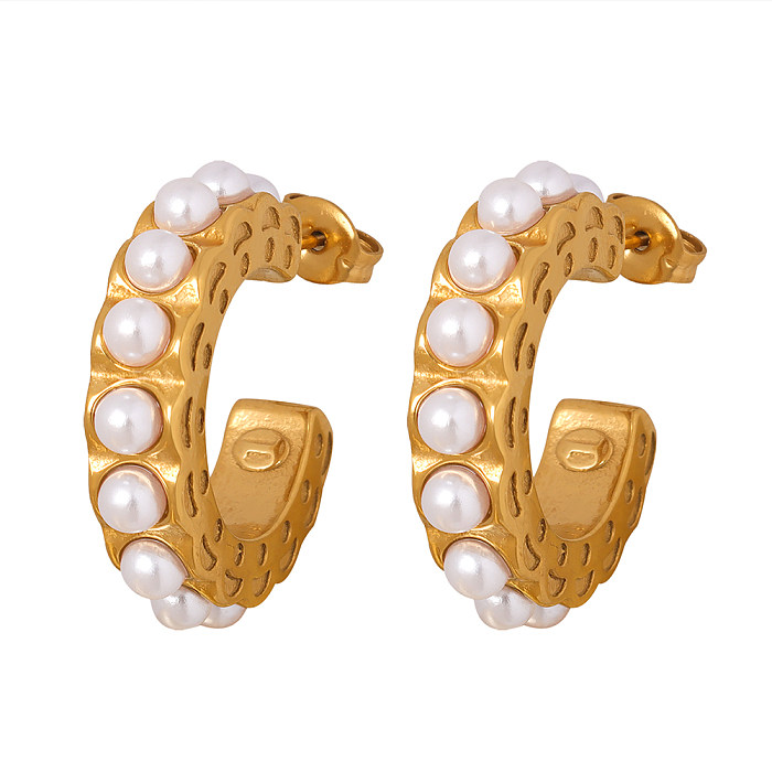 1 Paar elegante Barock-Ohrstecker in C-Form mit Inlay aus Edelstahl und künstlichen Perlen, 18 Karat vergoldet
