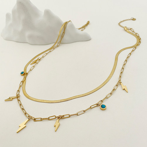 Artistic Lightning Stainless Steel  Polishing Plating Inlay Turquoise Gold Plated Layered Necklaces