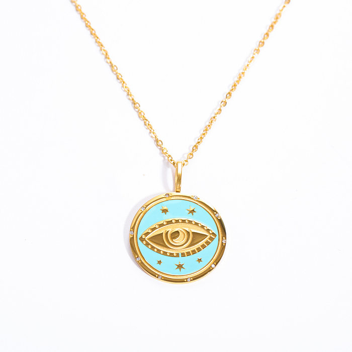 Simple Style Round Sun Devil'S Eye Stainless Steel Enamel Plating Inlay Zircon 18K Gold Plated Pendant Necklace
