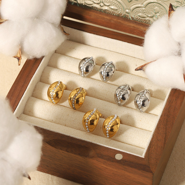 1 Paar einfacher Stil, einfarbig, Polierbeschichtung, Inlay, künstliche Perlen aus Edelstahl, Zirkon, 18 Karat vergoldete Ohrstecker