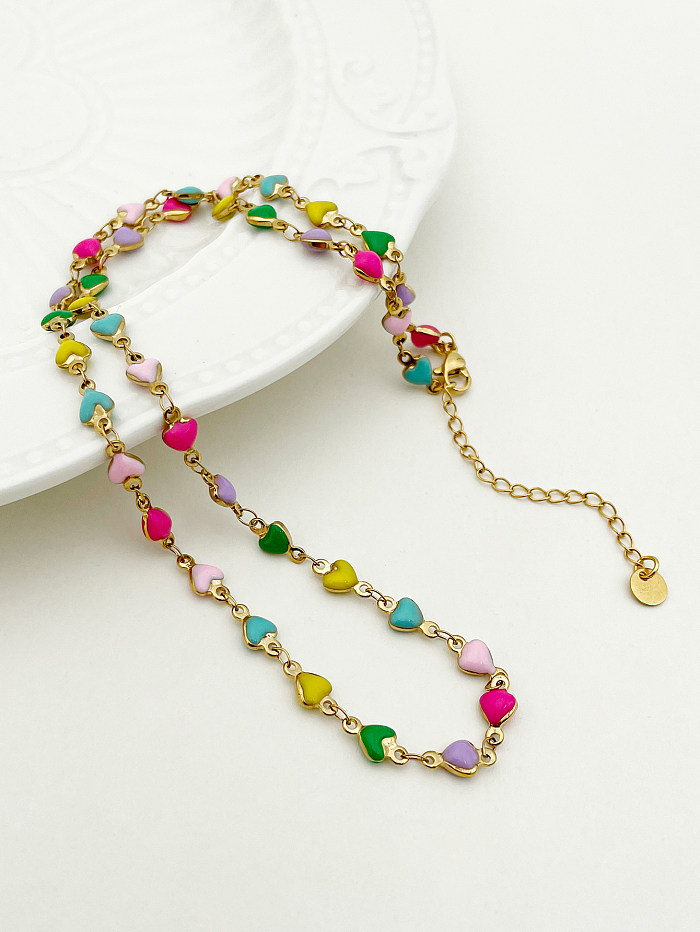 Cute Sweet Heart Shape Stainless Steel  Polishing Enamel Plating Gold Plated Necklace