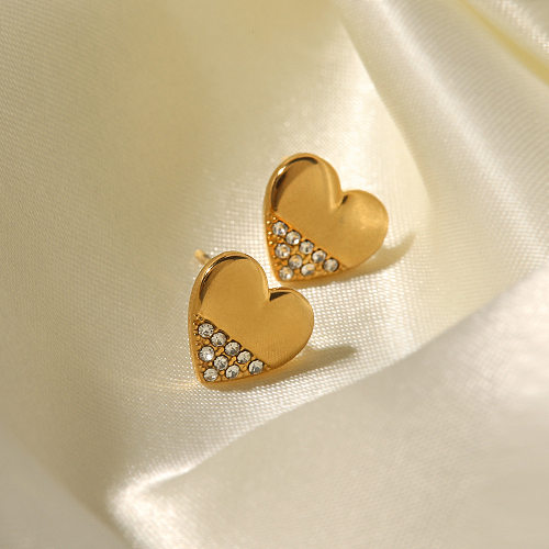 Clous d'oreilles en forme de cœur en acier inoxydable plaqué or avec diamants artificiels, 1 paire