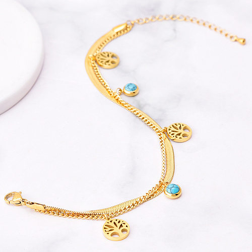 Retro Round Tree Titanium Steel Inlay Turquoise Bracelets