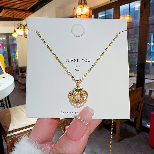 Vacation Shell Imitation Pearl Stainless Steel Plating Inlay Zircon Gold Plated Pendant Necklace