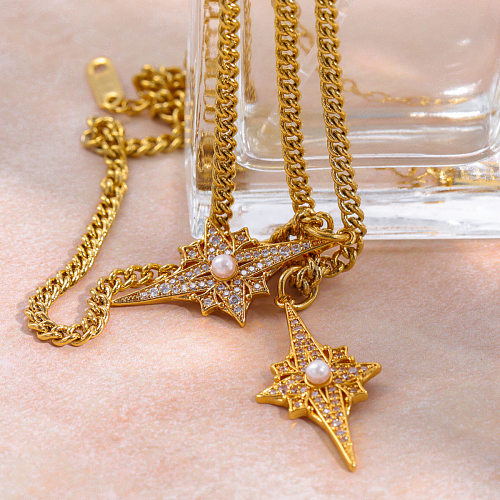 Sweet Commute Shiny Four Eight-Pointed Stars Stainless Steel  Plating Inlay Zircon Gold Plated Pendant Necklace