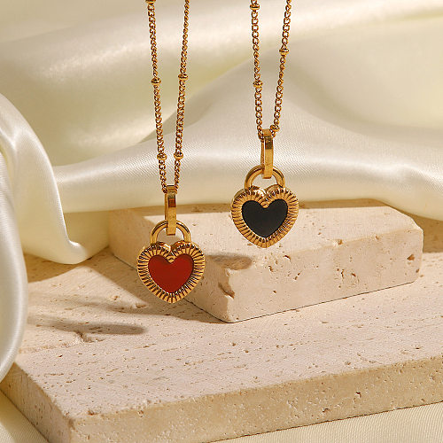 Collier pendentif rétro en forme de cœur en acier inoxydable et émail