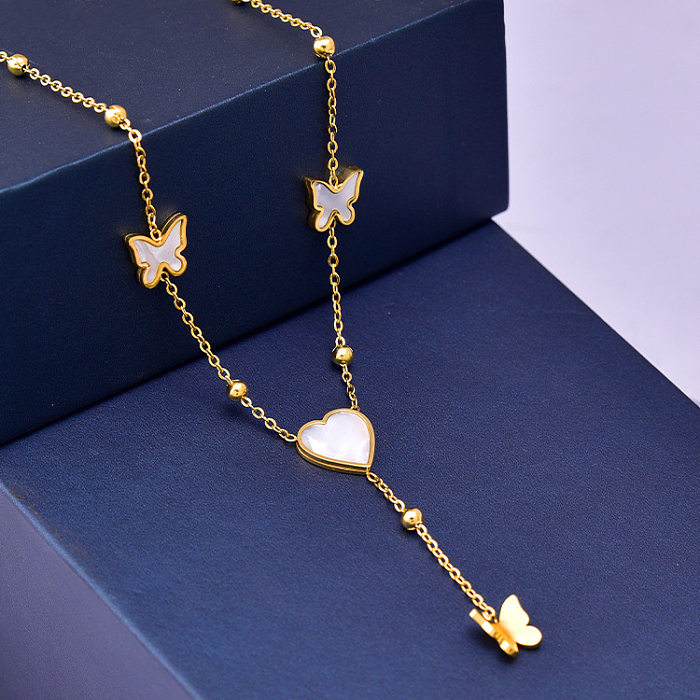 Fashion Heart Shape Butterfly Stainless Steel Inlay Shell Necklace