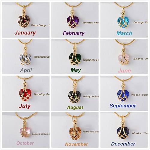 1 Piece Simple Style Heart Shape Stainless Steel Inlay Rhinestones Birthstone Pendant Necklace