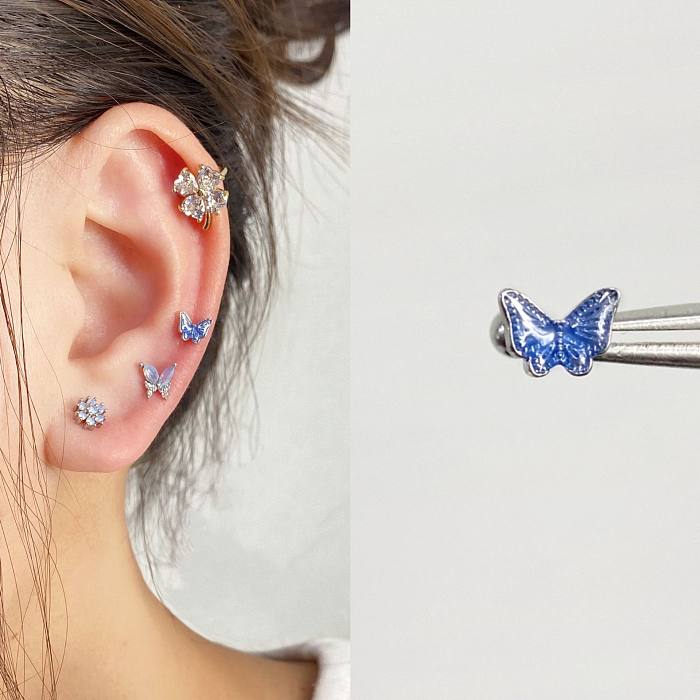 1 Piece Streetwear Heart Shape Wings Plating Inlay Stainless Steel  Copper Zircon Ear Studs