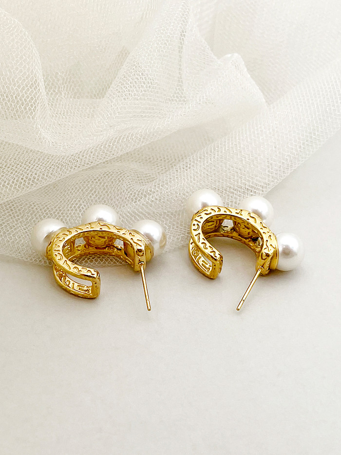 1 Paar elegante, süße Ohrstecker in C-Form mit Edelstahlbeschichtung, ausgehöhltem Inlay, perlmuttvergoldet