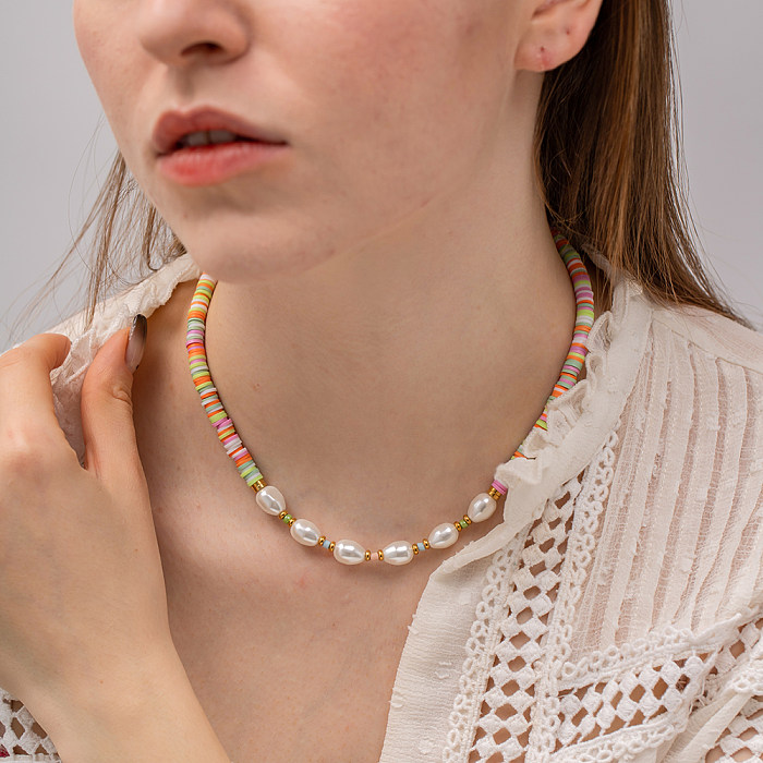 INS Style rétro classique Style géométrique en acier inoxydable perle d'eau douce perlée collier plaqué or 18 carats