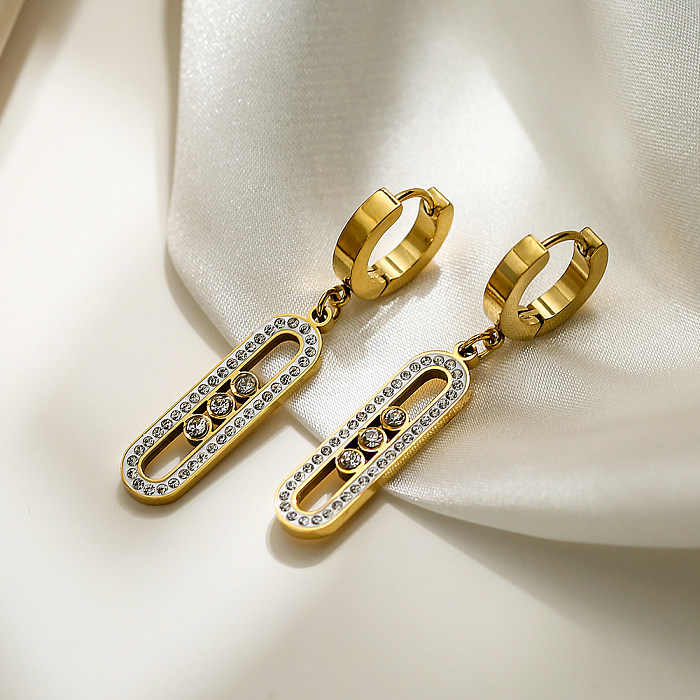 1 paire de boucles d'oreilles pendantes de Style Simple, incrustation de placage de couleur unie en acier inoxydable et Zircon plaqué or 18 carats