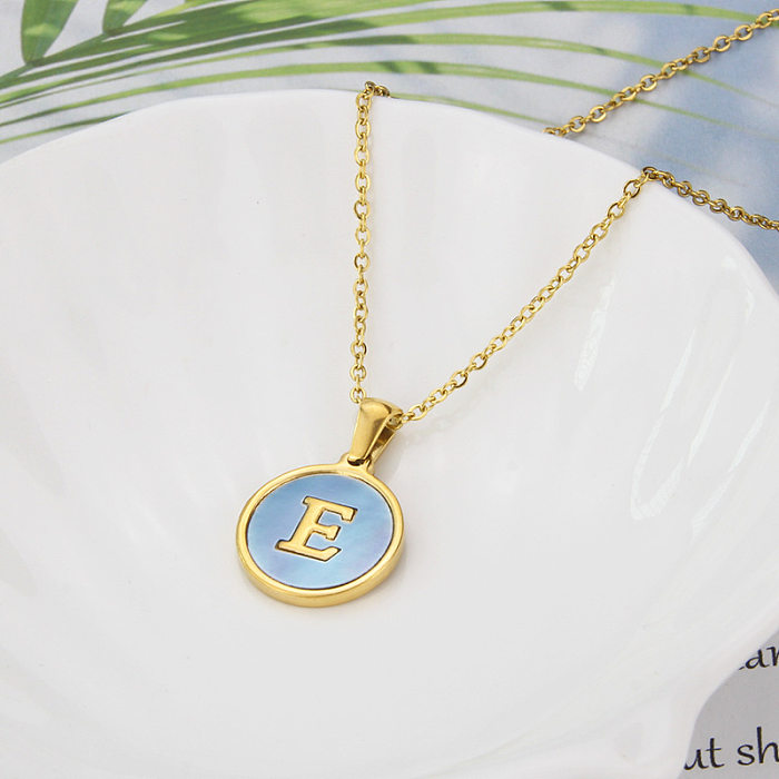 Simple Style Round Blue Shell 26 English Letter Stainless Steel Pendant Necklace