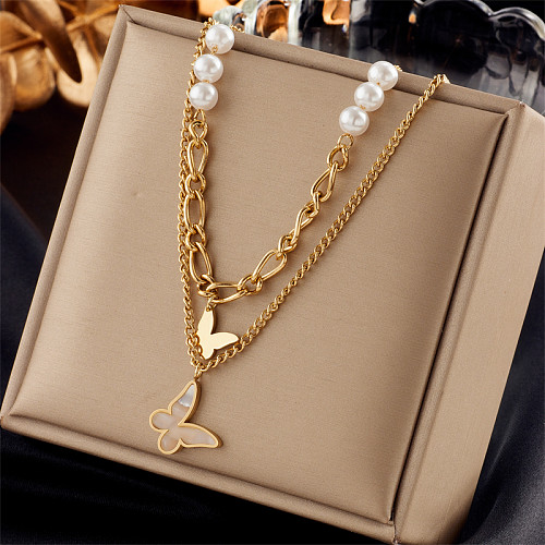Retro Fashion Korean Style Butterfly Stainless Steel Plating Artificial Pearls Layered Necklaces 1 Piece