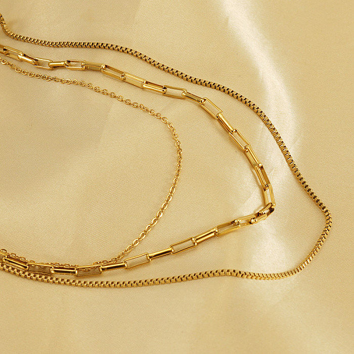 Lässige, schlichte, einfarbige, geschichtete Halsketten aus Edelstahl mit 18-Karat-Vergoldung