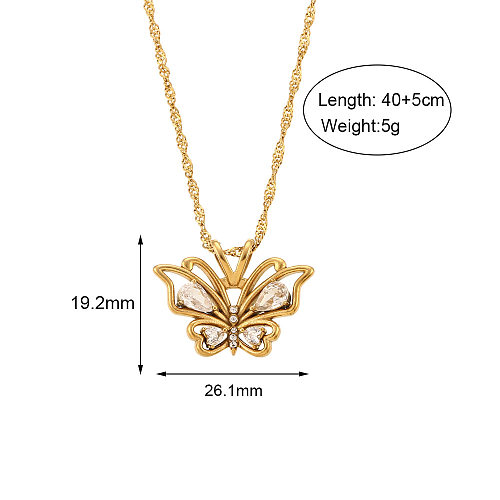 Fashion Butterfly Stainless Steel  Stainless Steel Plating Hollow Out Inlay Zircon Pendant Necklace 1 Piece