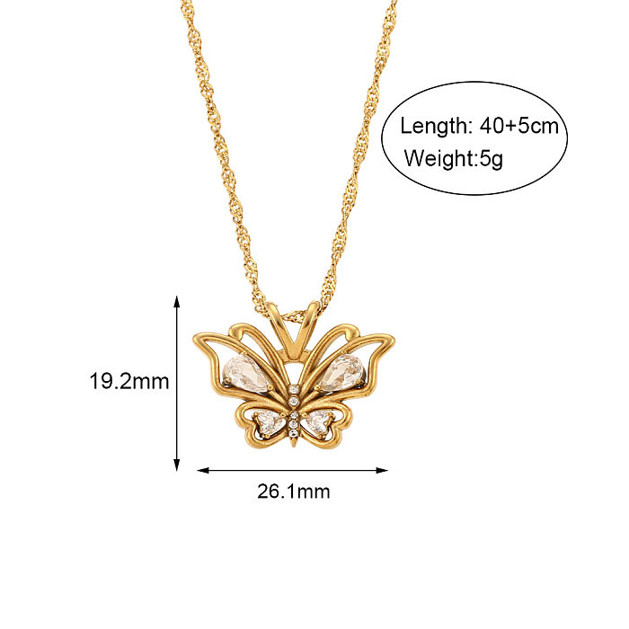 Fashion Butterfly Stainless Steel  Stainless Steel Plating Hollow Out Inlay Zircon Pendant Necklace 1 Piece