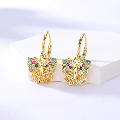 Modische Kupfer-Ohrringe mit 18-karätigem Gold überzogen, bunte Zirkon-Schmetterlingsschnalle