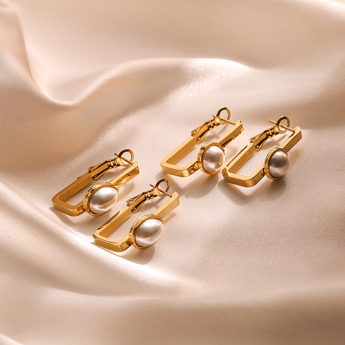 1 Paar schlichte, runde Ohrringe mit Inlay aus Edelstahl mit Perle und 18-Karat-Vergoldung