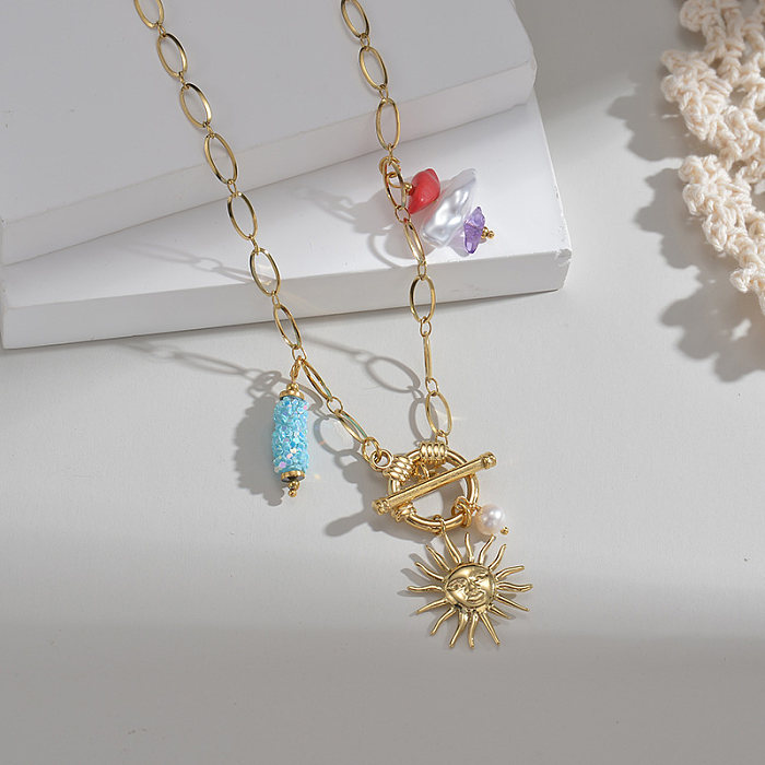 Collar con colgante de perlas artificiales chapado en oro de retazos de acero inoxidable de Fashion Sun 1 pieza