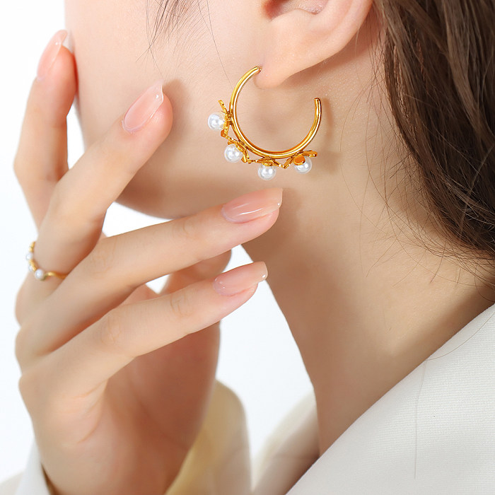 1 paire de boucles d'oreilles créoles plaquées or 18 carats, incrustation de perles de Style baroque, perles artificielles en acier inoxydable