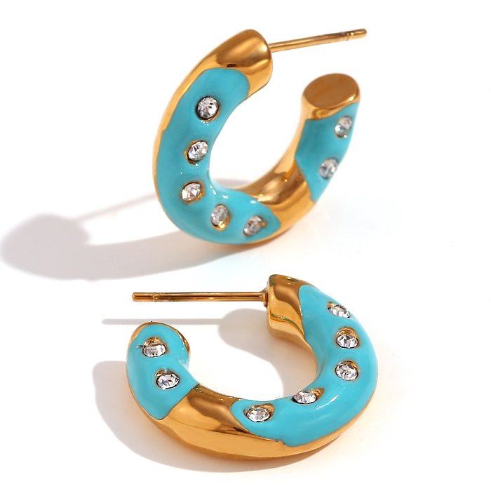 1 Pair Sweet Classic Style C Shape Enamel Plating Inlay Stainless Steel  Rhinestones 18K Gold Plated Ear Studs