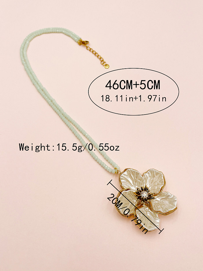 Classical Vintage Style Flower Stainless Steel  Beaded Plating Inlay Shell Zircon Gold Plated Pendant Necklace