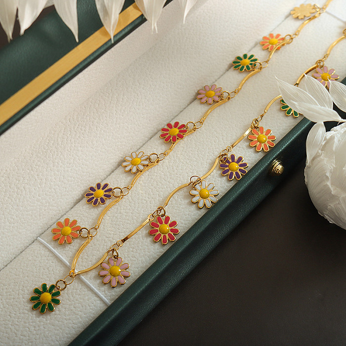 Retro-Blumen-Edelstahl-Emaille-vergoldete Anhänger-Halskette, 1 Stück