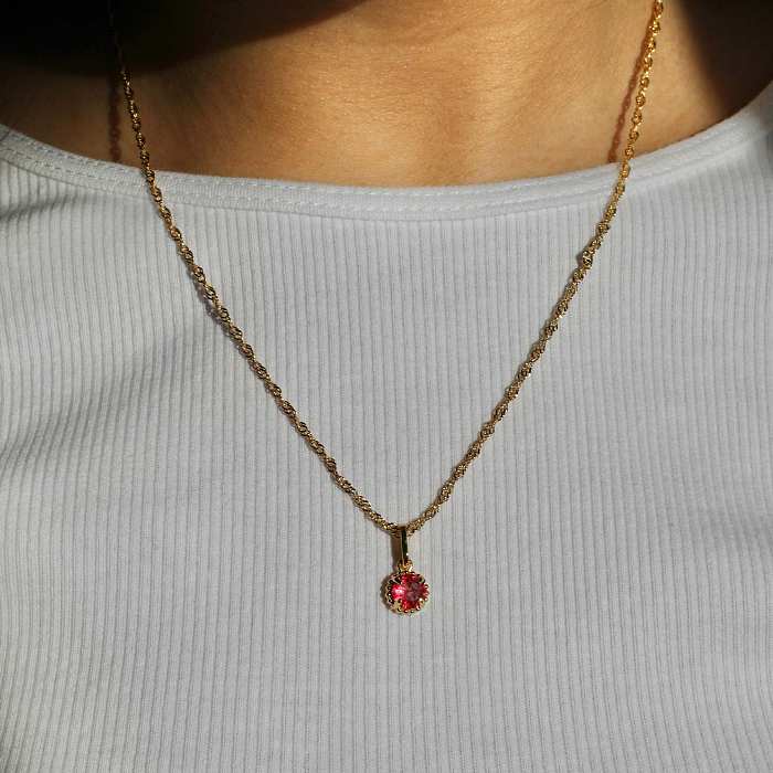 Elegant Simple Style Round Stainless Steel  Stainless Steel Plating Inlay Birthstone Zircon 18K Gold Plated Pendant Necklace