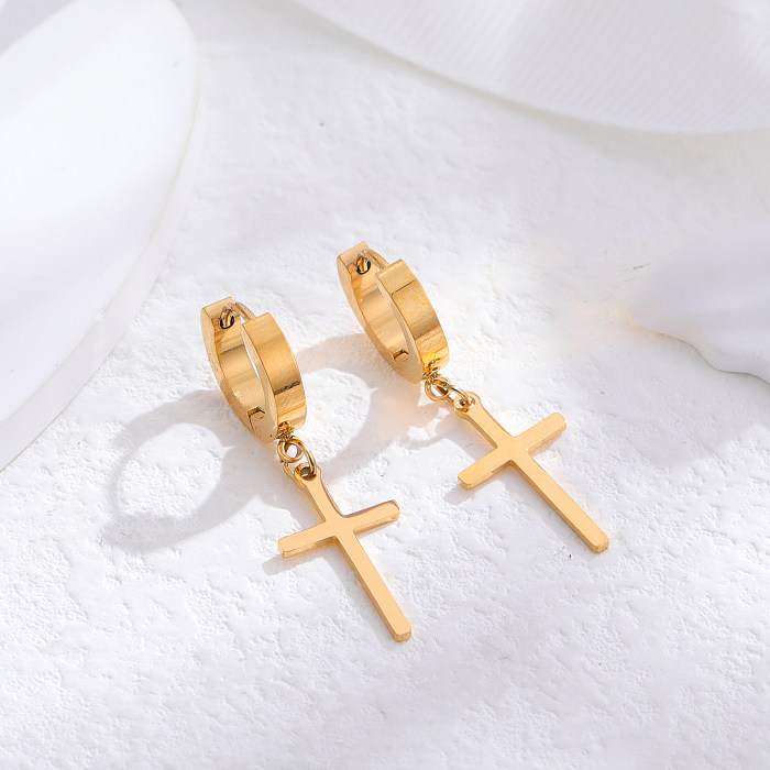 1 paire de boucles d'oreilles pendantes en forme de croix ronde et papillon, Style classique, plaqué or 24 carats, en acier inoxydable