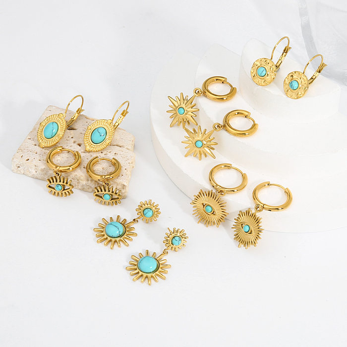 1 Pair Retro Round Square Plating Inlay Stainless Steel  Turquoise Gold Plated Earrings