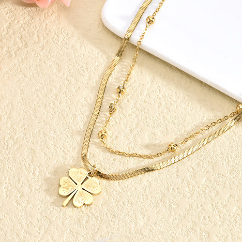 Casual Simple Style Four Leaf Clover Solid Color Stainless Steel Plating Layered Necklaces