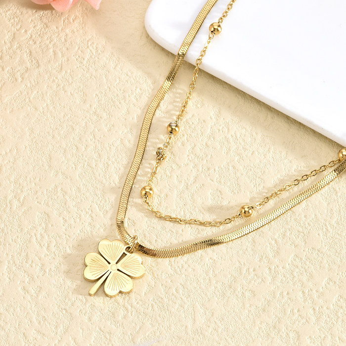 Casual Simple Style Four Leaf Clover Solid Color Stainless Steel Plating Layered Necklaces