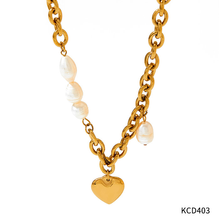 Collier de Perles en Acier Inoxydable Forme Coeur Croix Style Baroque 1 Pièce