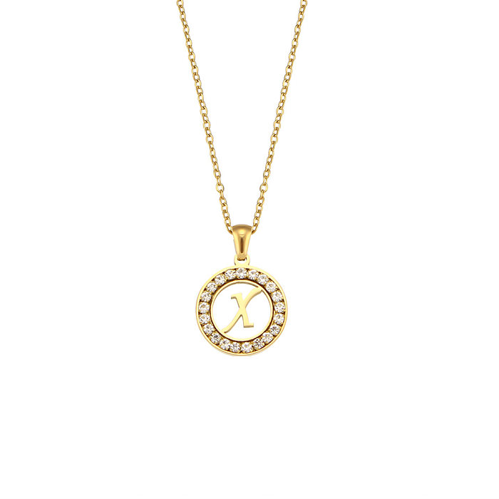 Fashion New Letter Pendant Plated 18K Inlaid Zirconium Hollow Round Stainless Steel  Necklace
