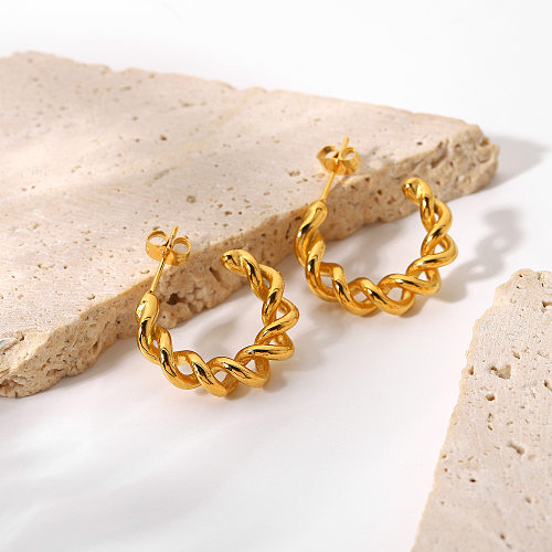 Pendientes de aro chapados en oro de 18 quilates, pendientes geométricos trenzados en forma de C de doble línea, pendientes de acero inoxidable