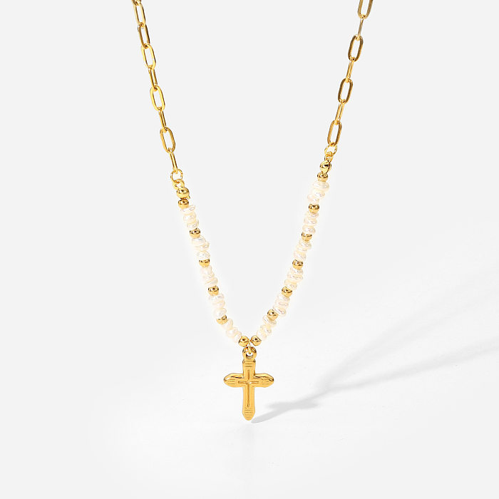 Colgante de cruz de oro de 18 quilates, perlas naturales de agua dulce, collar de acero inoxidable con costura