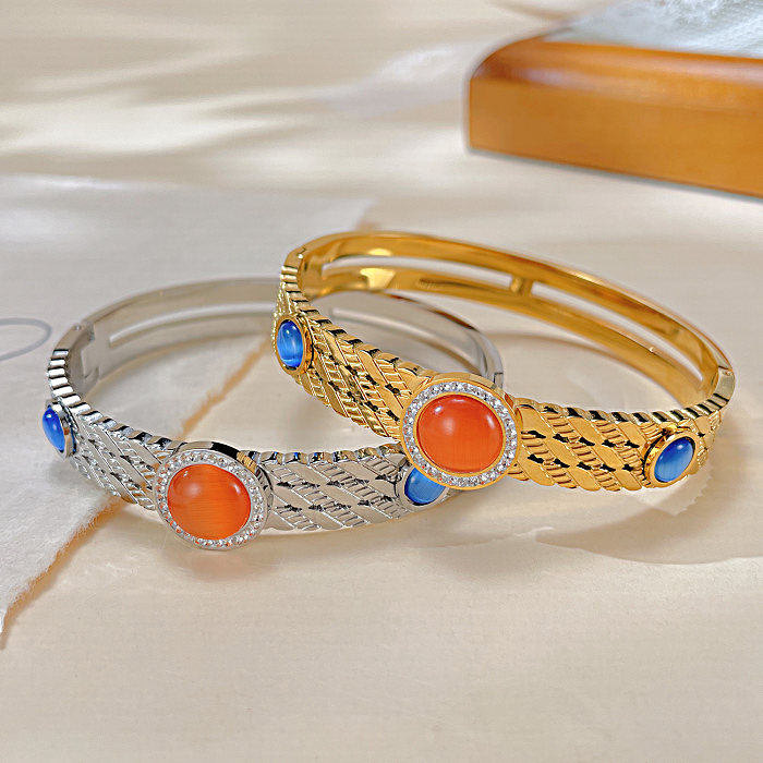 Wholesale French Style Color Block Natural Stone Titanium Steel Plating Inlay Natural Stone Bangle