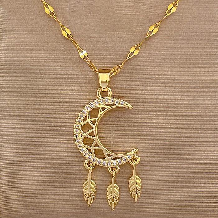 Collier avec pendentif en forme de lune, attrape-rêves décontracté, en acier inoxydable, plaqué cuivre, ajouré, incrustation de Zircon