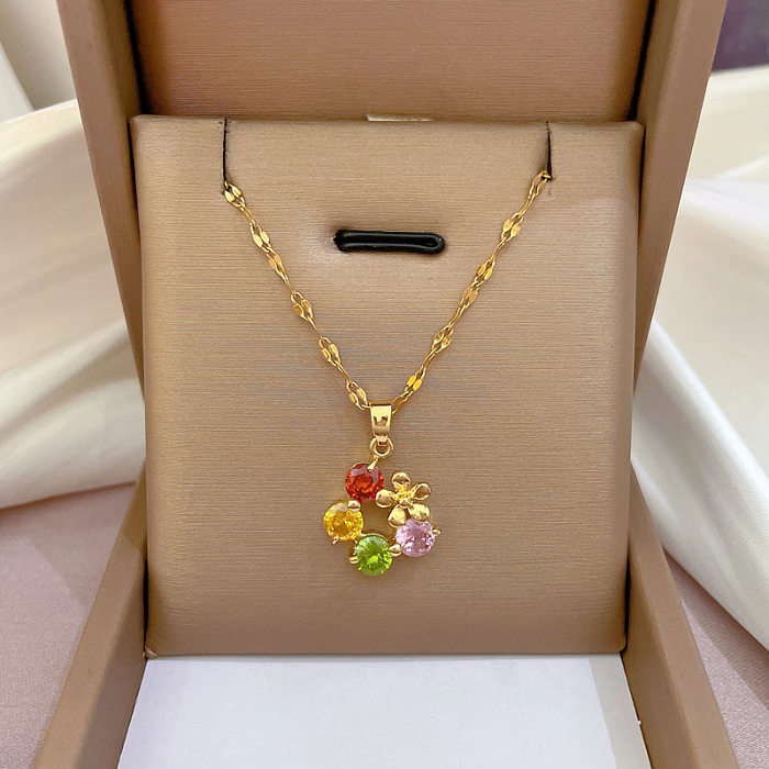 Einfache Halskette mit Blumen-Anhänger aus Edelstahl, Kupfer-Inlay und Zirkon